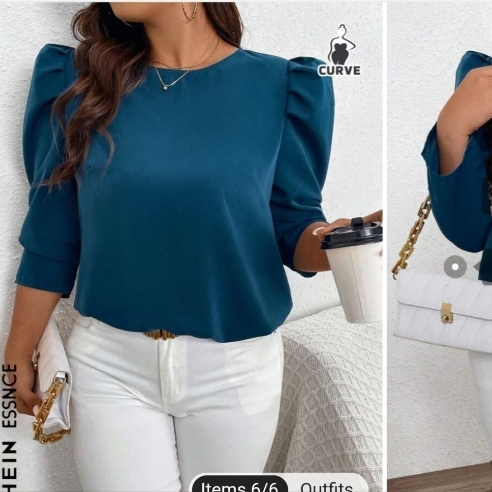 SHEIN Essnce Women's  Green Round Neck Puff Sleeve Shirt XSMALL - Picture 5 of 13